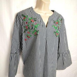 4/$25 Andrew Marc Blouse Black White‎ Gingham Top Embroidery Bell Sleeve Women M